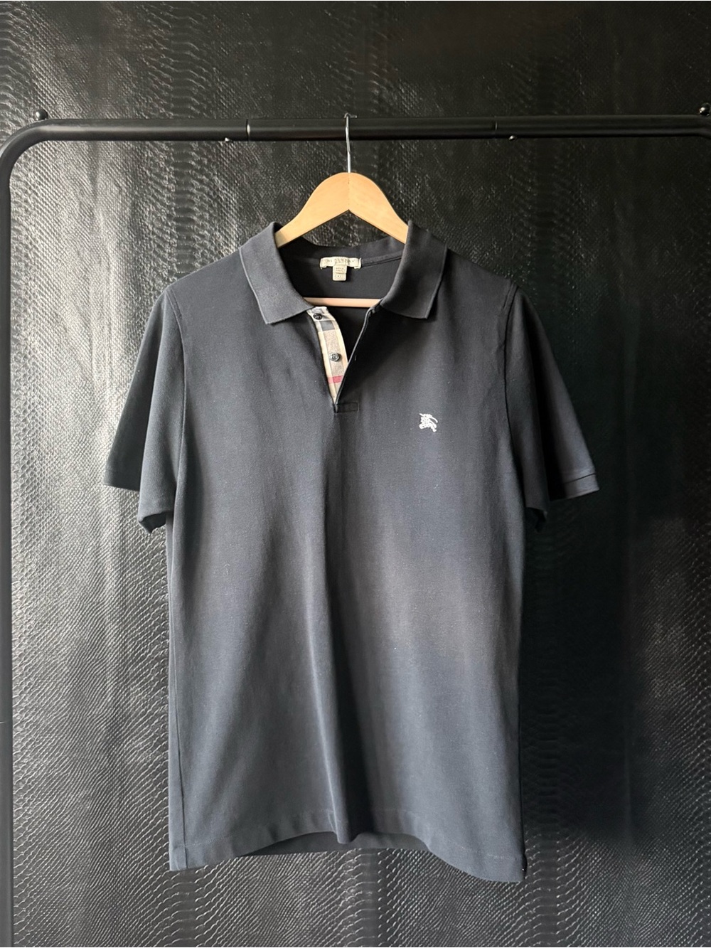 Burberry Brit Solid Black Polo Shirt Men’s Size XL Nova Check Placket White Logo